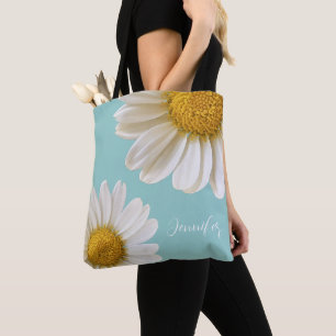 Bolsa Tote Margaridas Brancas Personalizadas em Azul Claro