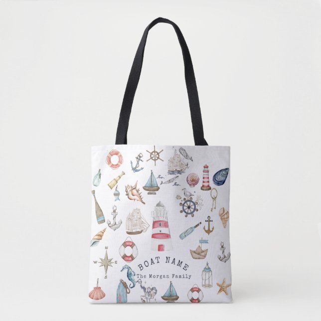 Bolsa Tote Marinheiro de Elementos Náuticos de Aquarela (Frente)