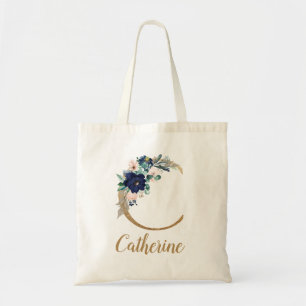 Bolsa Tote Marinho Azul Blush Dourado Floral - Letra C