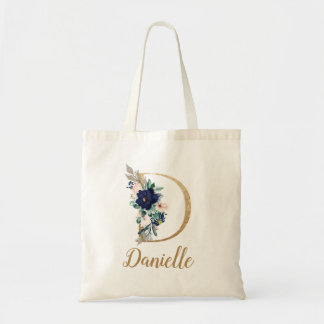 Bolsa Tote Marinho Azul Blush - Letra Dourada Floral D