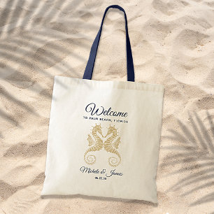 Bolsa Tote Marinho Azul Dourado Cavalos do Mar Boas-vindas