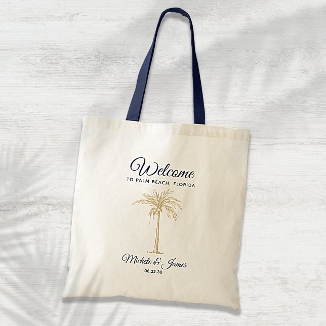 Bolsa Tote Marinho Azul Dourado Palm Tree Casamento Bem-Vindo (Criador carregado)