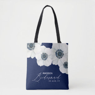 Bolsa Tote Marinho Azul e Anêmonas Brancas Moderno Partido Br
