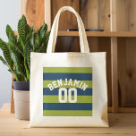 Bolsa Tote Marinho Azul e Verde limão Râguebi Número<br><div class="desc">Um desportista personalizado e um padrão masculino para as caras e rapazes da sua família. Este design desportivo é perfeito para qualquer atleta que jogue futebol ou beisebol. Um design ousado e moderno com uma área para texto ou monograma personalizados. Se precisar ajustar o trabalho de arte ou alterar a...</div>