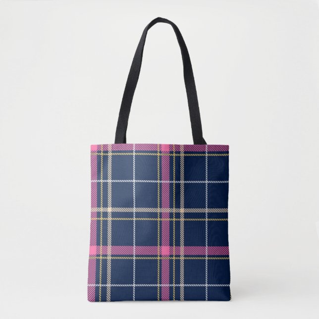 Bolsa Tote Marinho Azul Escocesa Xadrez Tartan  Rosa Stripe B (Frente)