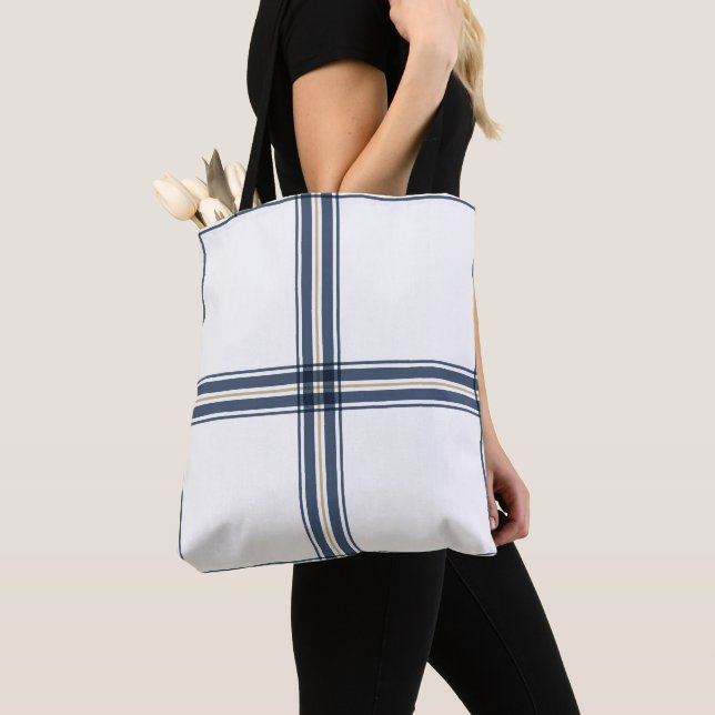 Bolsa Tote Marinho  Azul Farmhouse Check Na moda Trendy Bonit (Close Up)