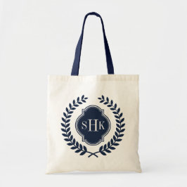 Bolsa Tote Marinho Azul Laurel Wreath Crest Monograma Branco