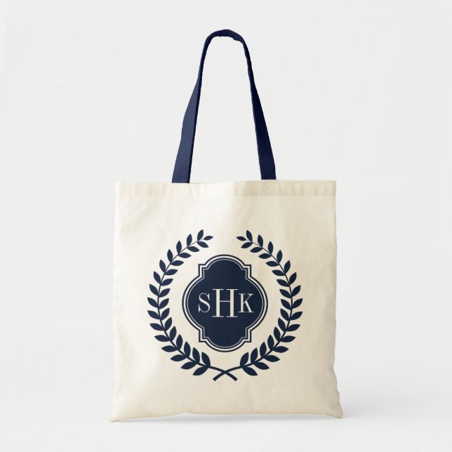 Bolsa Tote Marinho Azul Laurel Wreath Crest Monograma Branco (Frente)
