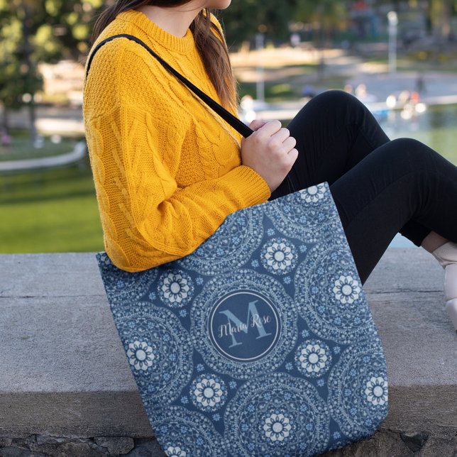 Bolsa Tote Marinho Azul Mandala Lotus Floral Monograma (Criador carregado)