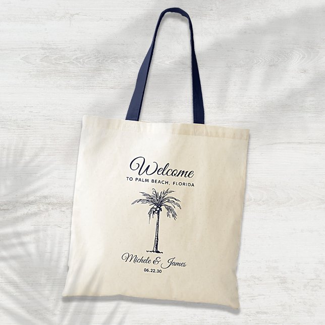 Bolsa Tote Marinho Azul Tropical Palm Tree Casamento Bem-Vind (Criador carregado)