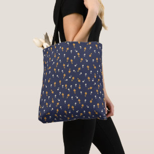 Bolsa Tote Marinho Blue Bag com Creme Pequeno e Flores Amarel