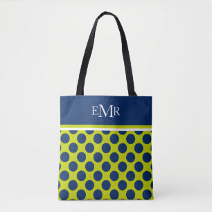Bolsa Tote Marinho Bolinhas azuis no Monograma do Verde limã