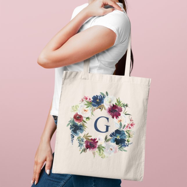 Bolsa Tote Marinho Borgonha Aquarela Monograma Floral Inicial (Criador carregado)
