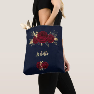 Bolsa Tote marinho de folhas de ouro de flores brutas