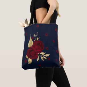Bolsa Tote marinho de folhas de ouro de flores brutas