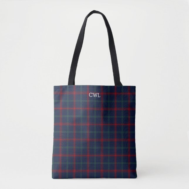 Bolsa Tote Marinho do Lynch Clan Tartan Monograma de Xadrez A (Frente)