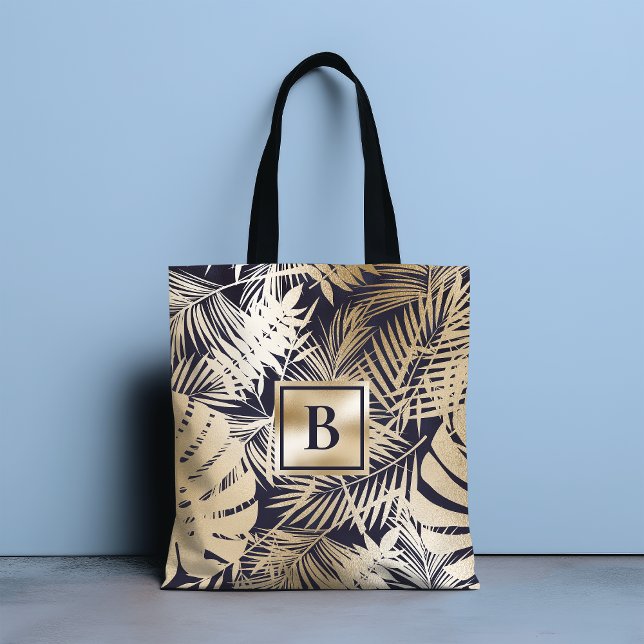 Bolsa Tote Marinho Dourado Tropical Monograma (Criador carregado)