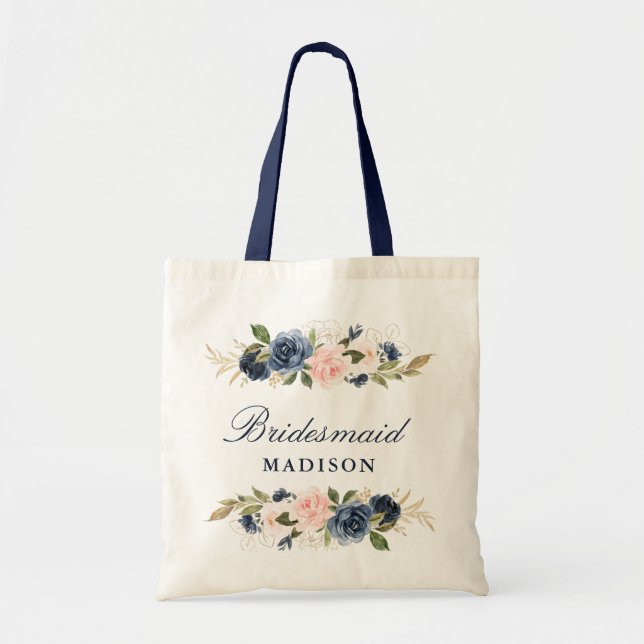 Bolsa Tote Marinho e dama de honra floral cor-de-rosa (Frente)