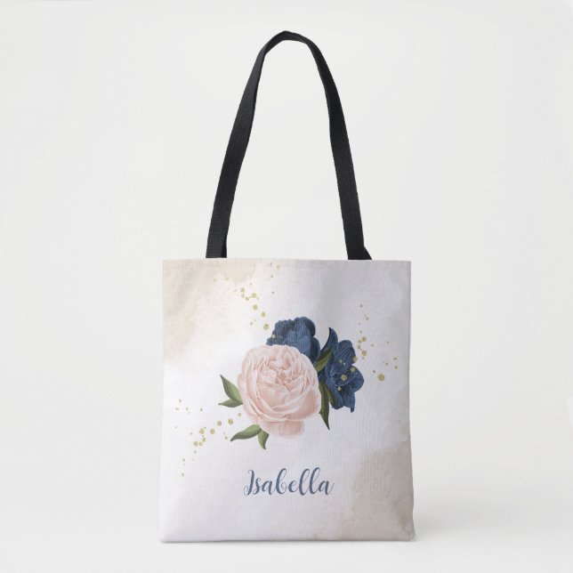 Bolsa Tote marinho e flores rosadas, cor-de-rosa, verdes (Frente)