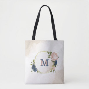 Bolsa Tote marinho e flores rosadas, cor-de-rosa, verdes