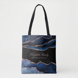 Bolsa Tote Marinho Elegante Rosa Azul, Dourado Agate Geode Bu