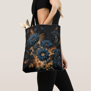 Bolsa Tote Marinho Escuro Azul e Dourado Floral Glam Boho