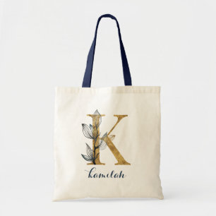 Bolsa Tote Marinho Floral Azul Dourado Leaf Personalizado Lea