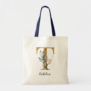 Bolsa Tote Marinho Floral Azul Dourado Leaf Personalizado Lea