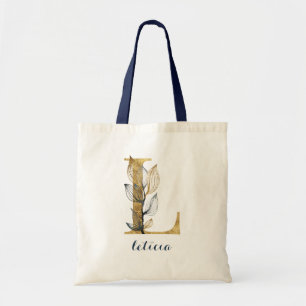 Bolsa Tote Marinho Floral Azul Dourado Leaf Personalizado Lea
