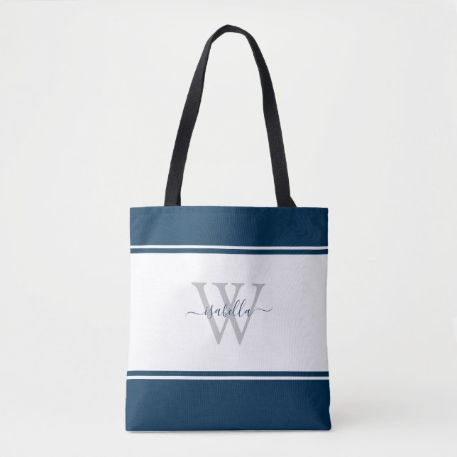 Bolsa Tote Marinho inicial de script monograma azul (Frente)