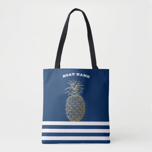 Bolsa Tote Marinho Náutico do Ananás Dourado, Azul, Stripado (Frente)
