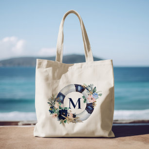 Bolsa Tote Marinho náutico floral e monograma esmagado