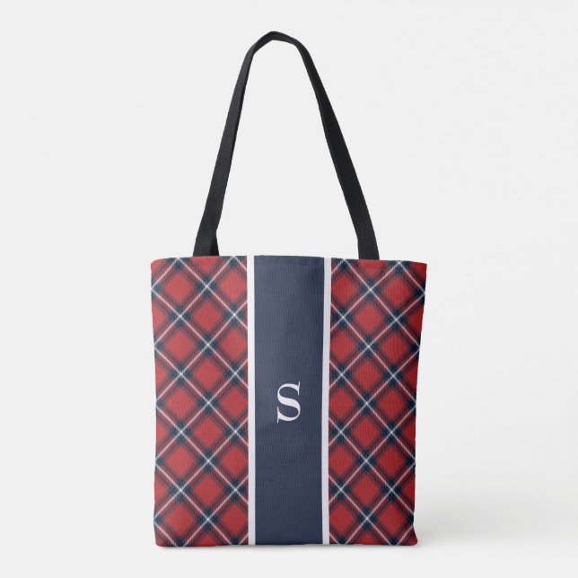 Bolsa Tote Marinho Red Tartan Xadrez Monograma Toque (Verso)