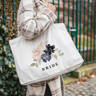 Bolsa Tote Marinho Romântico de Aquarela Florais Noiva de Ca