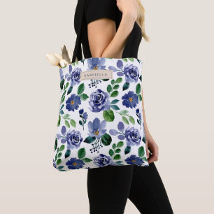 Bolsa Tote Marinho Rústico Azul Aquarela Floral Personalizad