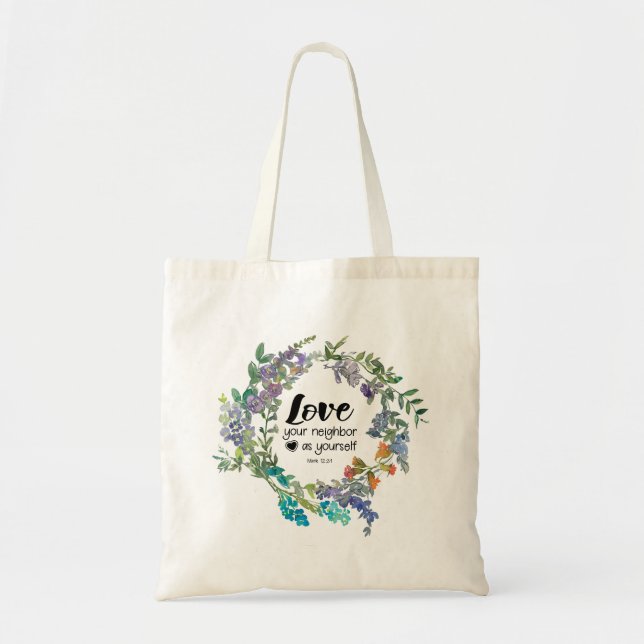 Bolsa Tote Mark 12:31 Ame seu vizinho como você Flores (Frente)