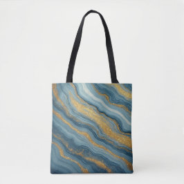 Bolsa Tote Mármore Azul Abstrato Com Veias Douradas