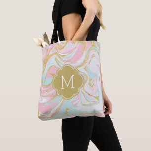 Bolsa Tote Mármore Azul De Tinta Rosa Dourado, Monograma