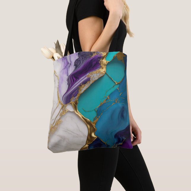 Bolsa Tote Mármore Azul Real e Âmexia com Veias Douradas (Close Up)