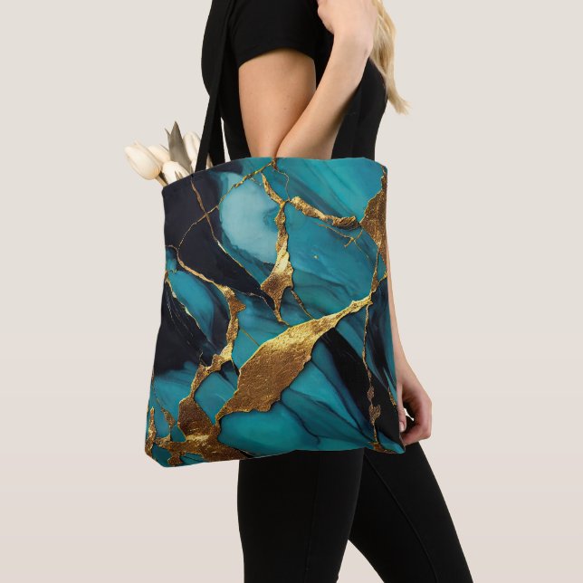 Bolsa Tote Mármore Azul Teal Profundo com Veias de Ouro Ousad (Close Up)