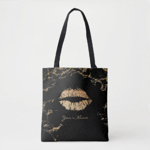 Bolsa Tote Mármore Dourado dos lábios preto moderno & Dourado
