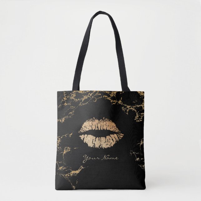 Bolsa Tote Mármore Dourado dos lábios preto moderno & Dourado (Frente)