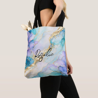 Bolsa Tote Mármore Floral Abstrato Azul Turquesa Roxo Dourado