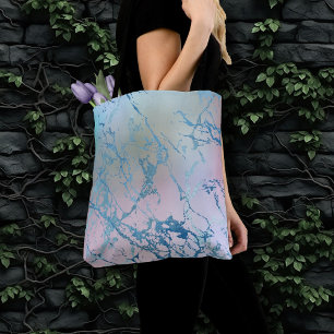 Bolsa Tote Mármore Iridescente Trendy Faux Holo Blue Pink