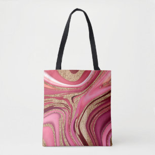 Bolsa Tote mármore líquido, cor-de-abstrato rosa, com ouro 