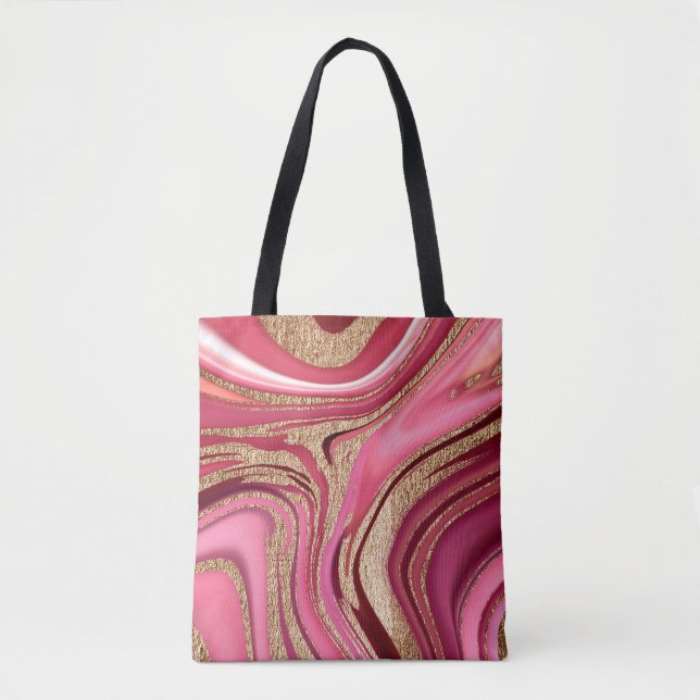 Bolsa Tote mármore líquido, cor-de-abstrato rosa, com ouro br (Frente)