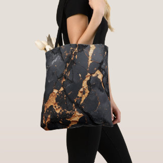 Bolsa Tote Mármore Preto Elegante com Veias Douradas Arte Mod