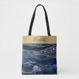 Bolsa Tote Mármore Tendência Ágata Brilho Azul Dourado Monogr