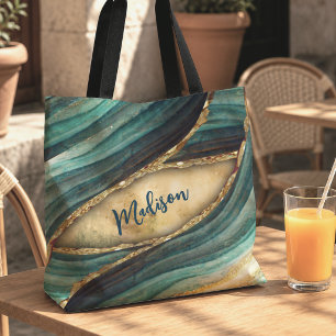 Bolsa Tote Mármore turquesa elegante arte brilho falso dourad