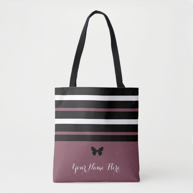 Bolsa Tote Maroon Black and White Stripes com Borboleta #1 (Frente)